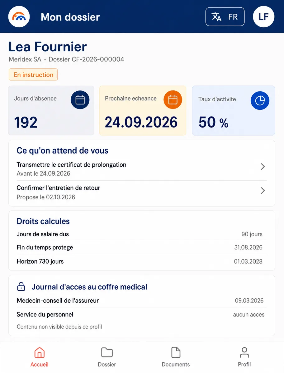 Employee space on a phone: case status, calculated entitlements and medical vault access log